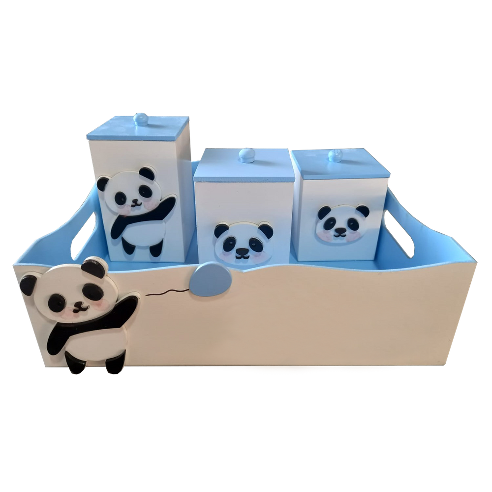 Kit Higiene Bebê MDF 4 Peças Cesta Organizadora Panda Azul