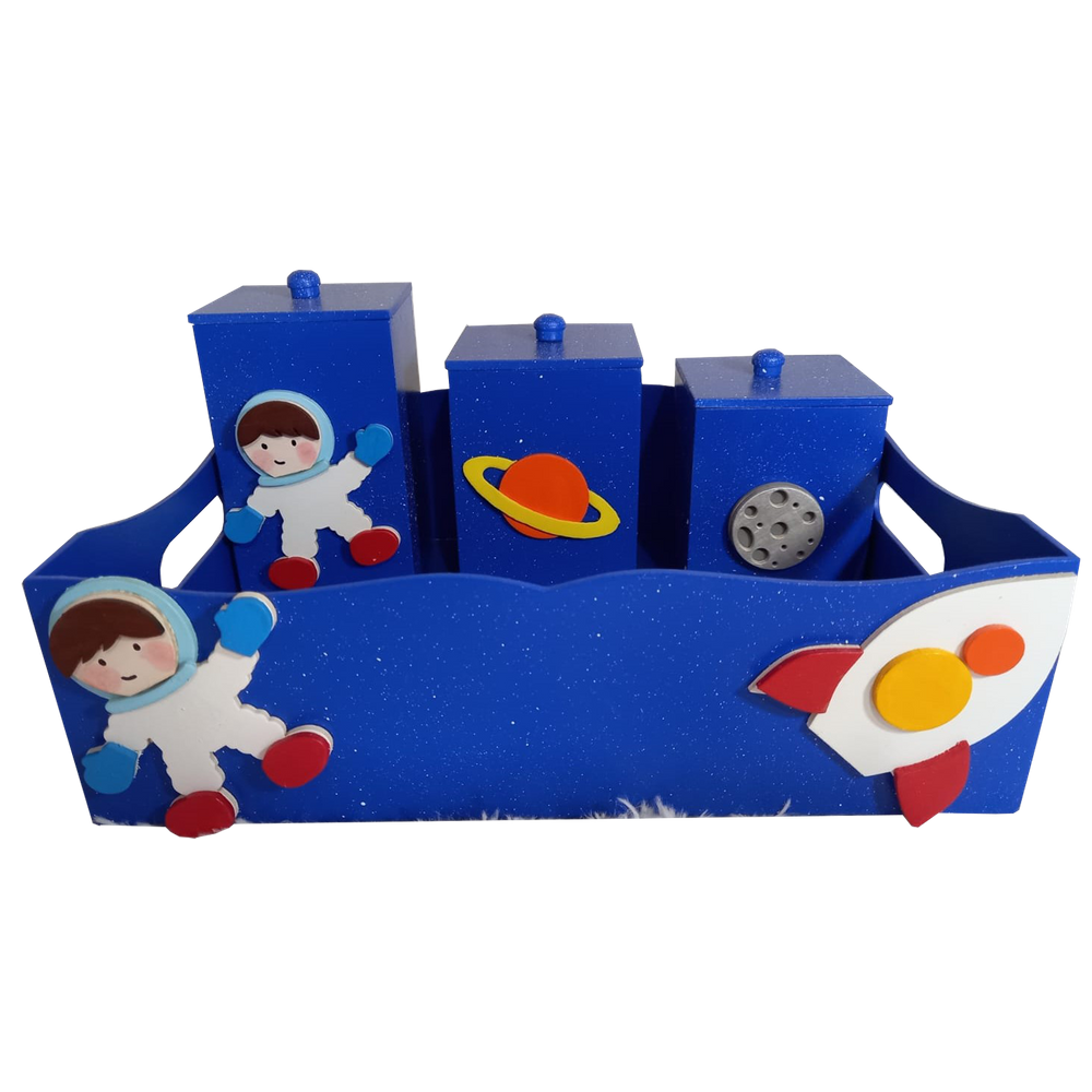 Kit Higiene Bebê MDF 4 Peças Cesta Organizadora Astronauta