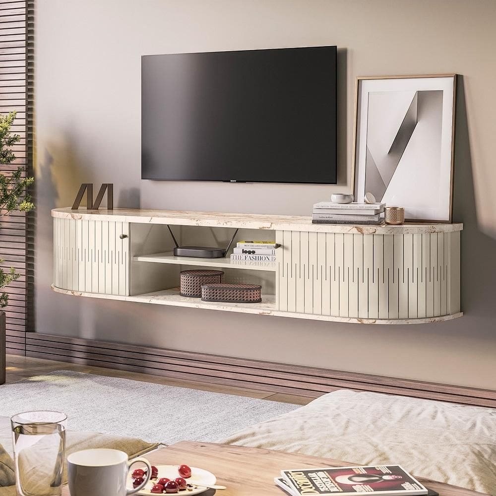Bancada Rack Suspensa Algarve com Nichos e 2 Portas Flexivéis Calacata Off White Madetec
