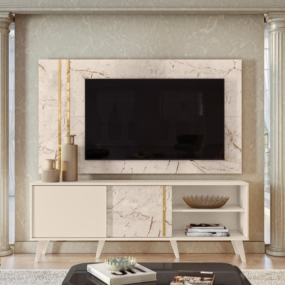 Painel com Bancada para TVs de até 60 polegadas Calacata Off White Madetec
