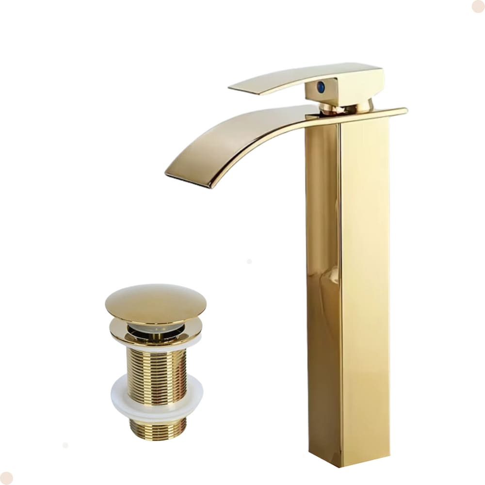 Kit Torneira para Banheiro Misturador Monocomando Cascata Alta Dourada Com Válvula Ralo Click-Up Luxo Dourada