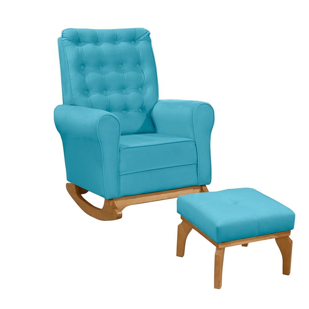 Poltrona de Amamentação com Balanço e Puff Thaila Veludo Azul Turquesa M13 - D`Rossi