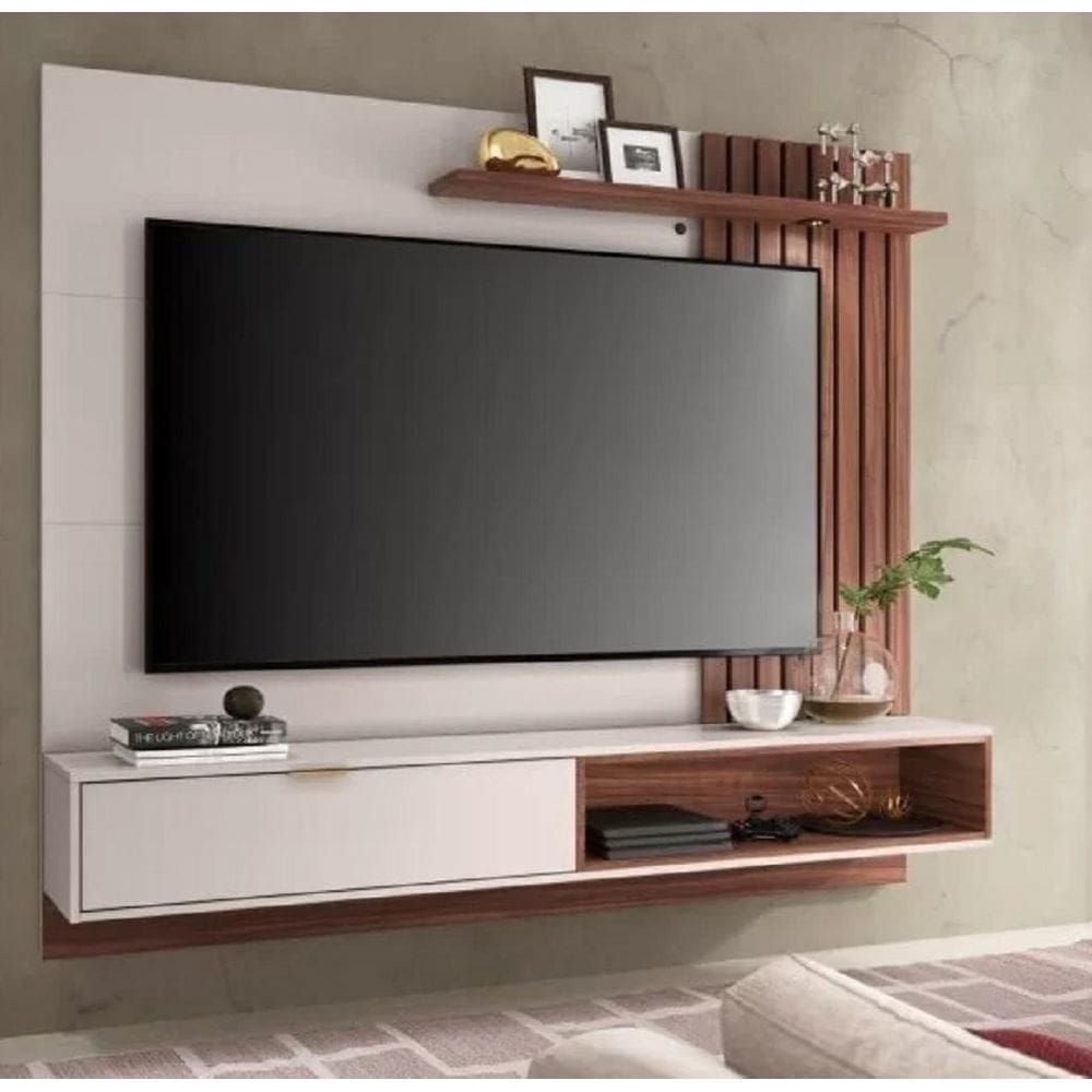 Painel Suspenso Tocantins 1.8 P/ Tv 65`` com Detalhes Ripados e Prateleira Off White Nogueira Real - Colibri