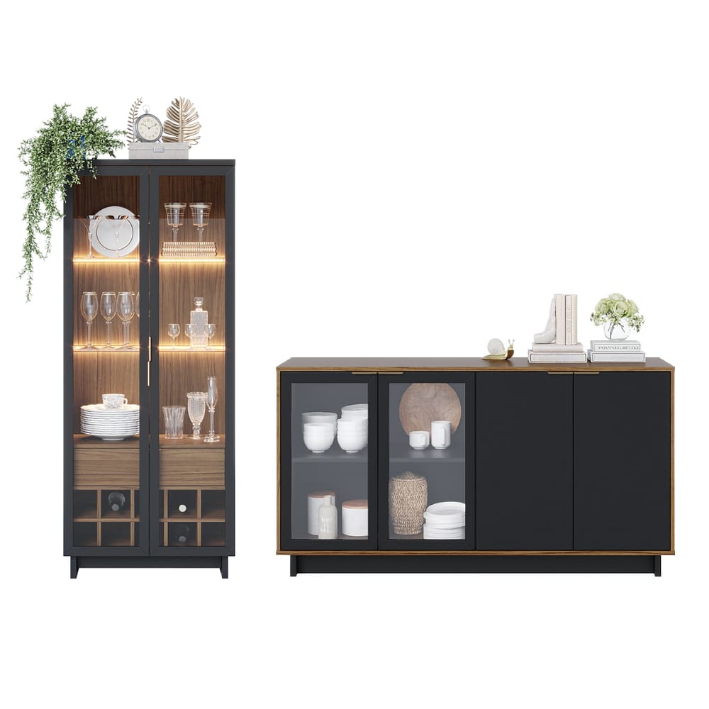 Buffet Aparador Vitória com Cristaleira Guanabara Noce Milano/ Preto Fosco - Colibri