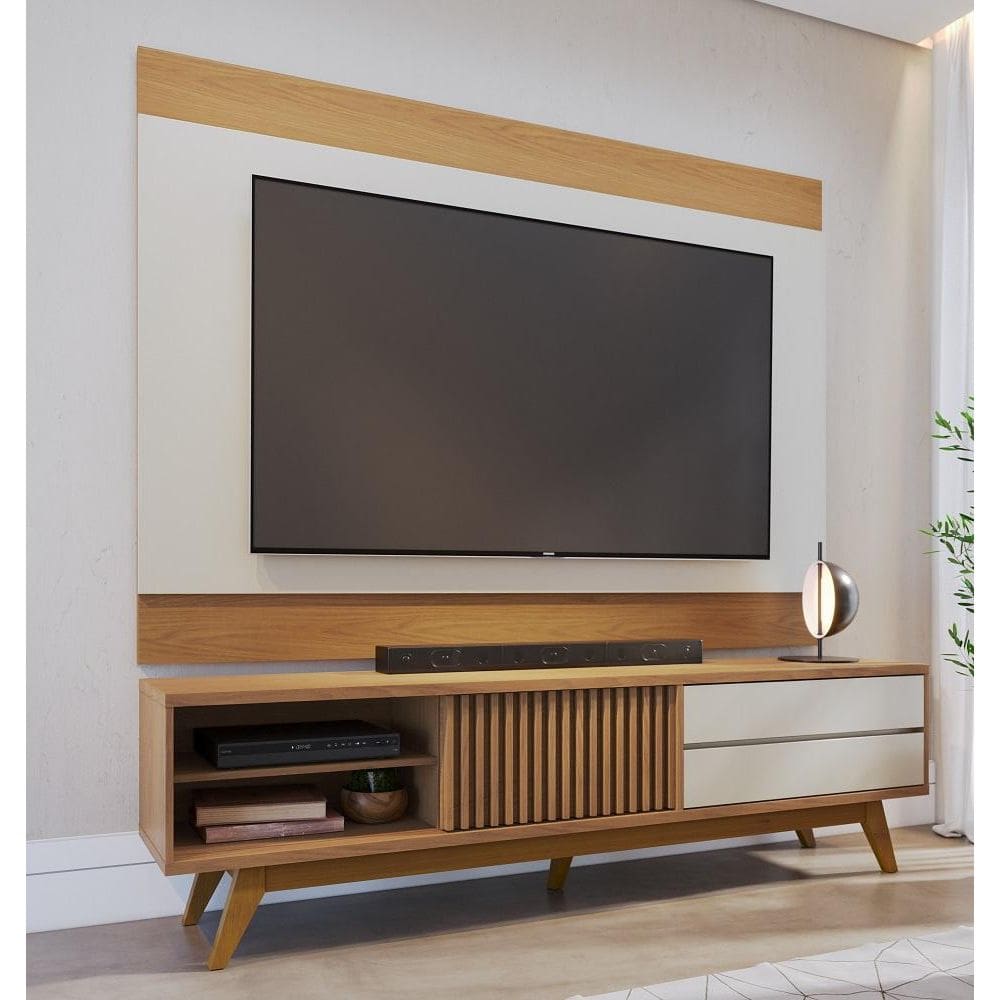 Rack Bancada com Painel 2mt Para TV até 75 Polegadas Freijó Off White - Colibri
