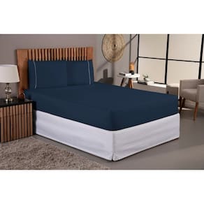 Jogo De Lençol Cama Queen 400 Fios 3 Peças Fronha Ponto Palito Aveludado Azul Marinho