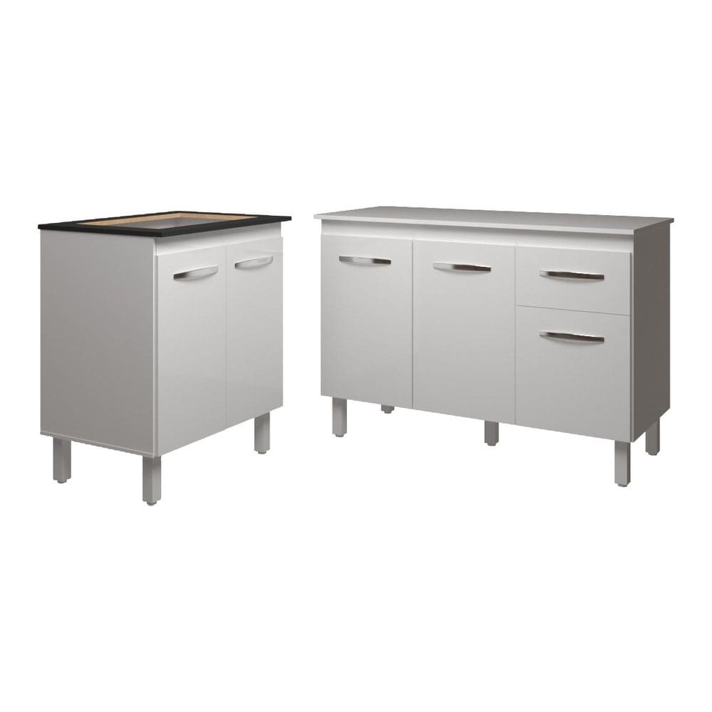 Balcão Para Cooktop 4 Bocas Fran Branco e Armário Aline 118 cm Cozinha Gabinete Branco com Tampo Tampão Branco