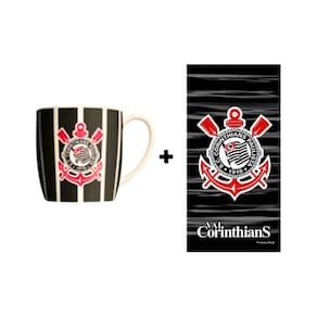 Kit Toalha + Caneca Porcelana Xicara Cafe 360ml Corinthians Oficial Licenciado