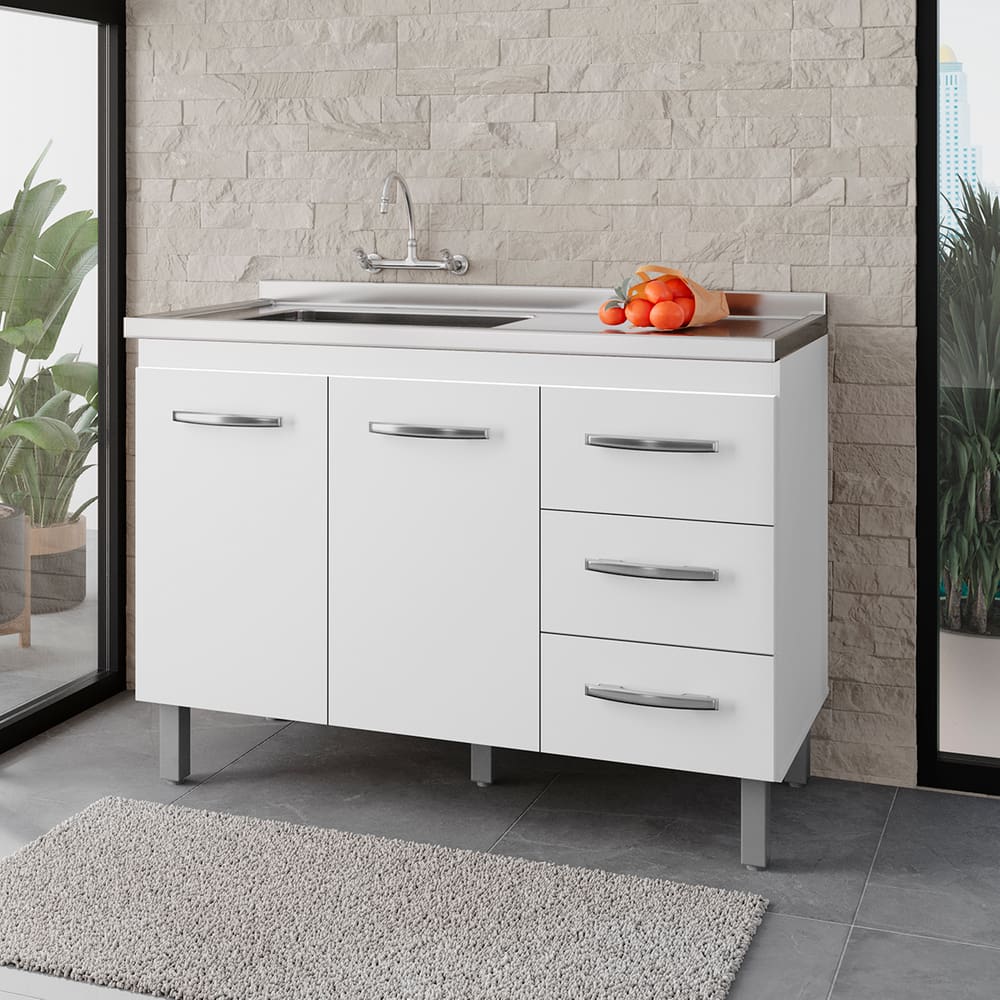 Balcão para Pia de Cozinha Bianca 1,20m 2 Portas 3 Gavetas Branco Q3 – Moblis