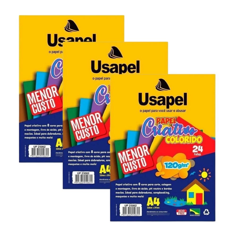 Kit 03 Blocos de Papel Criativo Colorido A4 8 Cores 120g/m² c/24 Folhas - Usapel