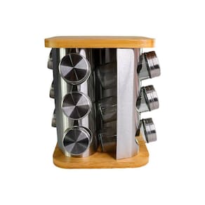 Porta Condimentos Giratório De Inox Com Base De Bambu 12 Potes 90ml