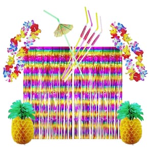Kit Decoração Festa Havaiana Luau: Cortina Metalizada + Colar + Canudos + Abacaxi Colmeia = 11 Produtos Temáticos