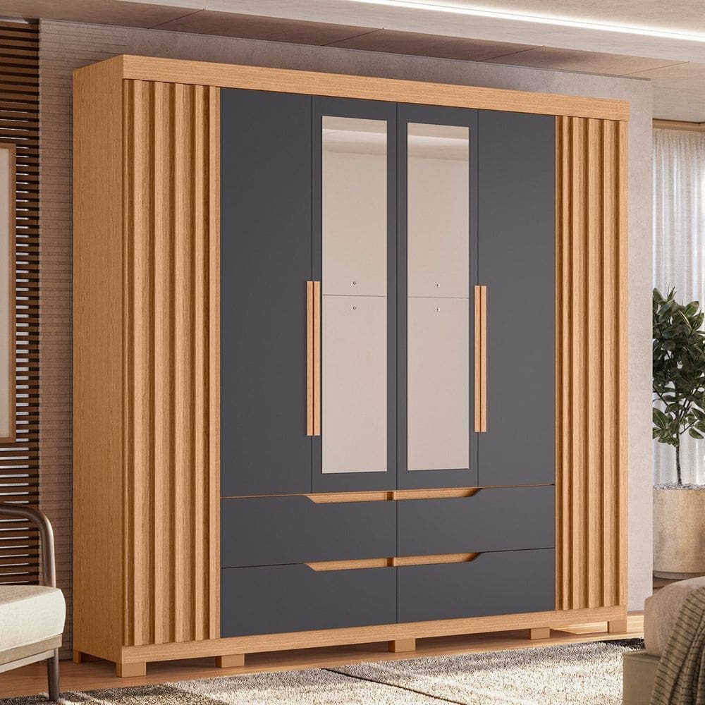 Guarda-roupa 6 Portas e 4 Gavetas com Espelhos Doble Casal Freijó/Titanium