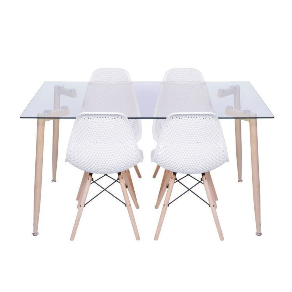Conjunto de Sala de Jantar Mesa com Tampo de Vidro com 4 Cadeiras Base de Madeira Colmeia Branca