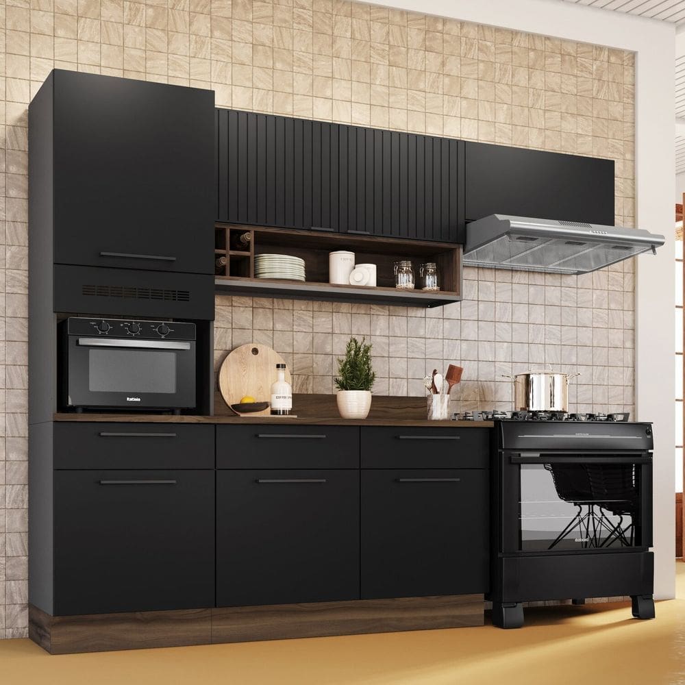 Cozinha Modulada em Aço 4 Peças com Paneleiro Forno Rodapé em Pvc Grafite/Preto