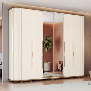 Guarda-roupa Casal Premium Cantos Arredondados com Ripado 6 Portas com Amortecimento 6 Gavetas com U Off White/Marrom