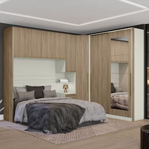Quarto Modulado Casal Completo 8 Portas 3 Gavetas com Espelho Seletto Areia /Jequitibá