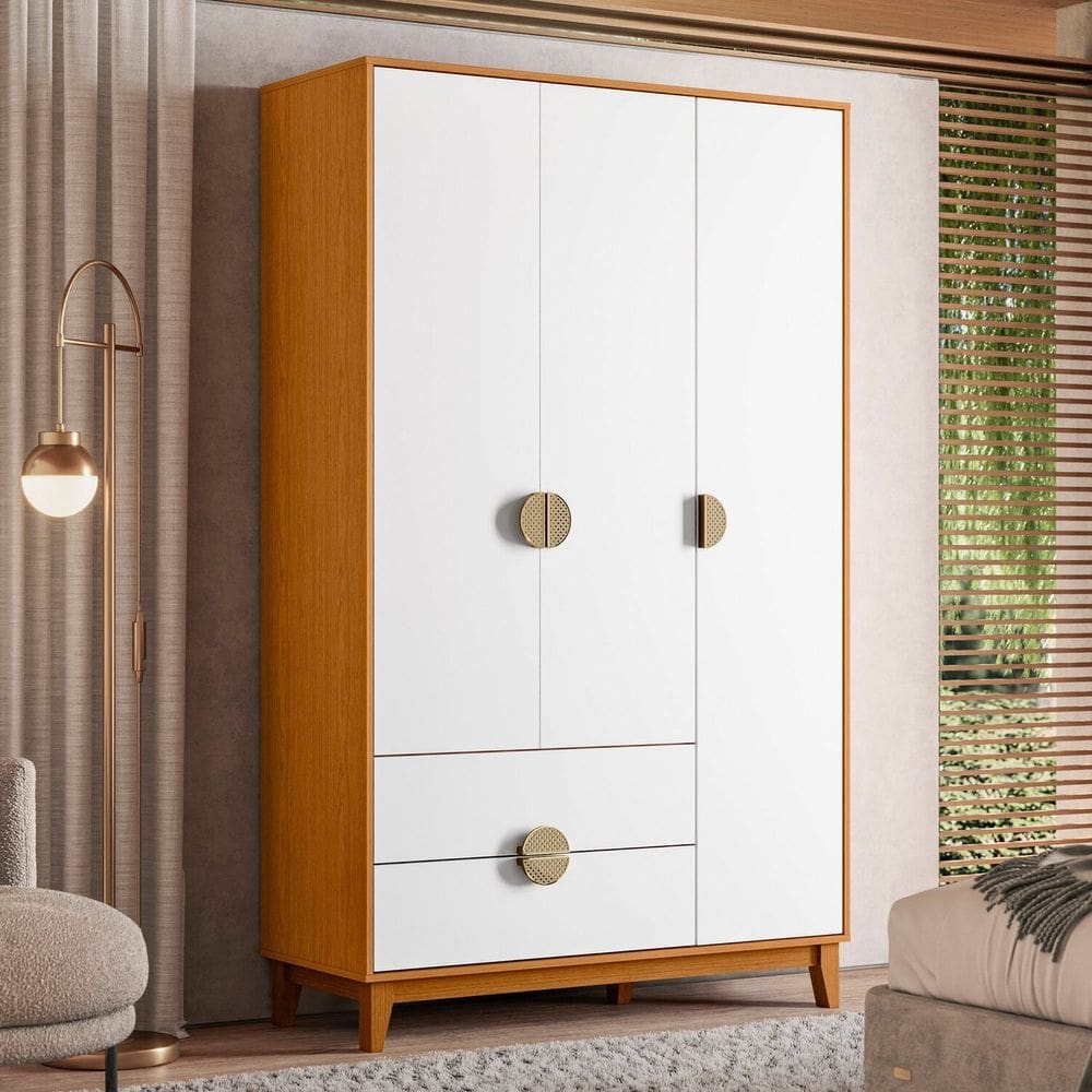 Guarda-roupa 3 Portas e 2 Gavetas 195x120x47 Cm Cinamomo/Branco