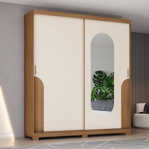 Guarda-roupa Talles 2 Portas Deslizantes 3 Gavetas Detalhes e Espelho com Cantos Arredondados Marrom/Off White