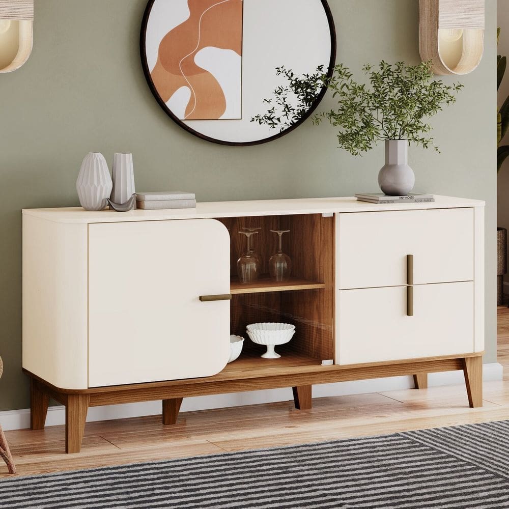 Buffet Rael para Sala de Jantar 2 Portas 2 Gavetas Retrô Bege/Marrom