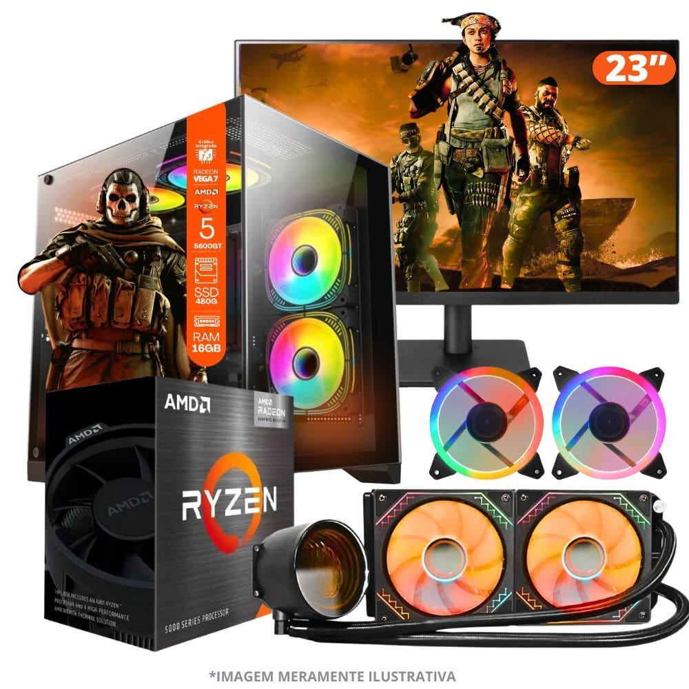 PC Gamer AMD Ryzen 5 5600GT, 16GB RAM, Placa de video Radeon Vega 7, SSD 480GB, Fonte 550W, Gabinete Aquário, Water Cooler + Monitor 23" LED 75hz