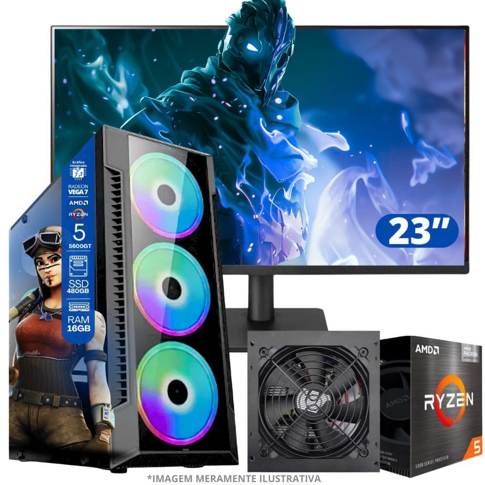 PC Gamer AMD Ryzen 5 5600GT, 16GB RAM, Placa de video Radeon Vega 7, SSD 480GB, Fonte 550W + Monitor 23" LED 75hz