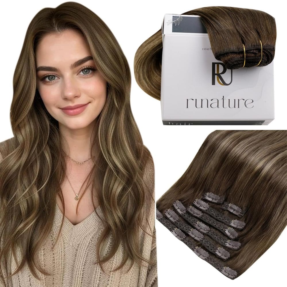 Extensões de cabelo Clip in RUNATURE Balayage 30 cm de marrom a caramelo