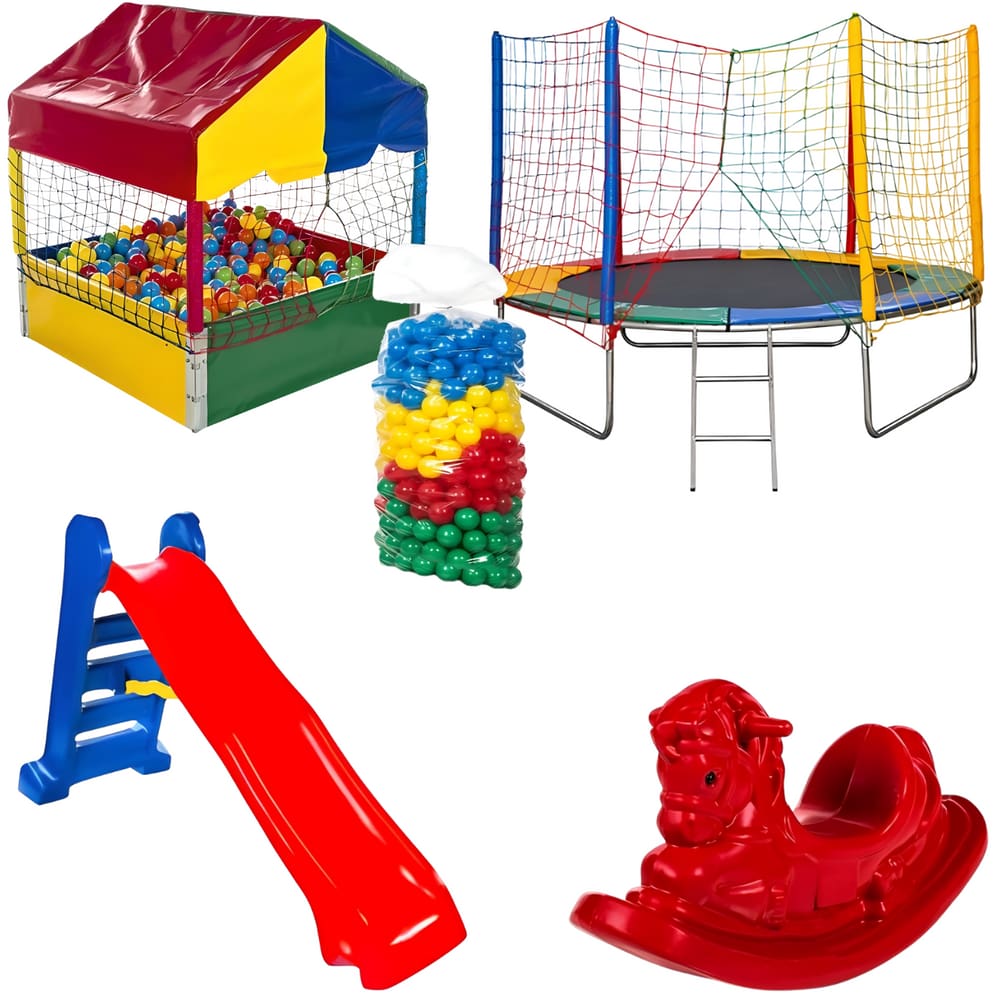 Kit Playground Cama Elástica Pula Pula 2,44m Piscina de Bolinhas Quadrada 1,00m c/ 500 Bolinhas Resistente Escorregador Grande Gangorra 1 Lugar