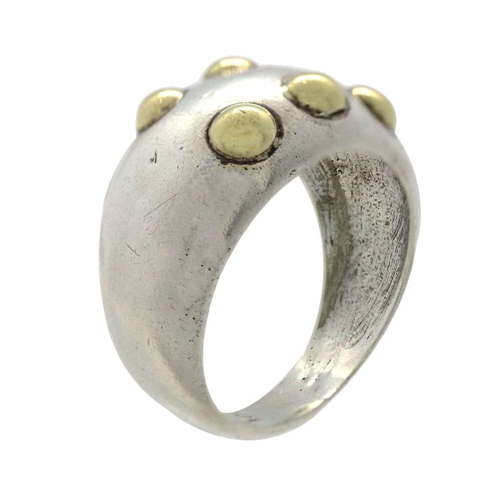 Anel Prata 925 Bombe Largo Detalhe Bolinhas Ouro 18k