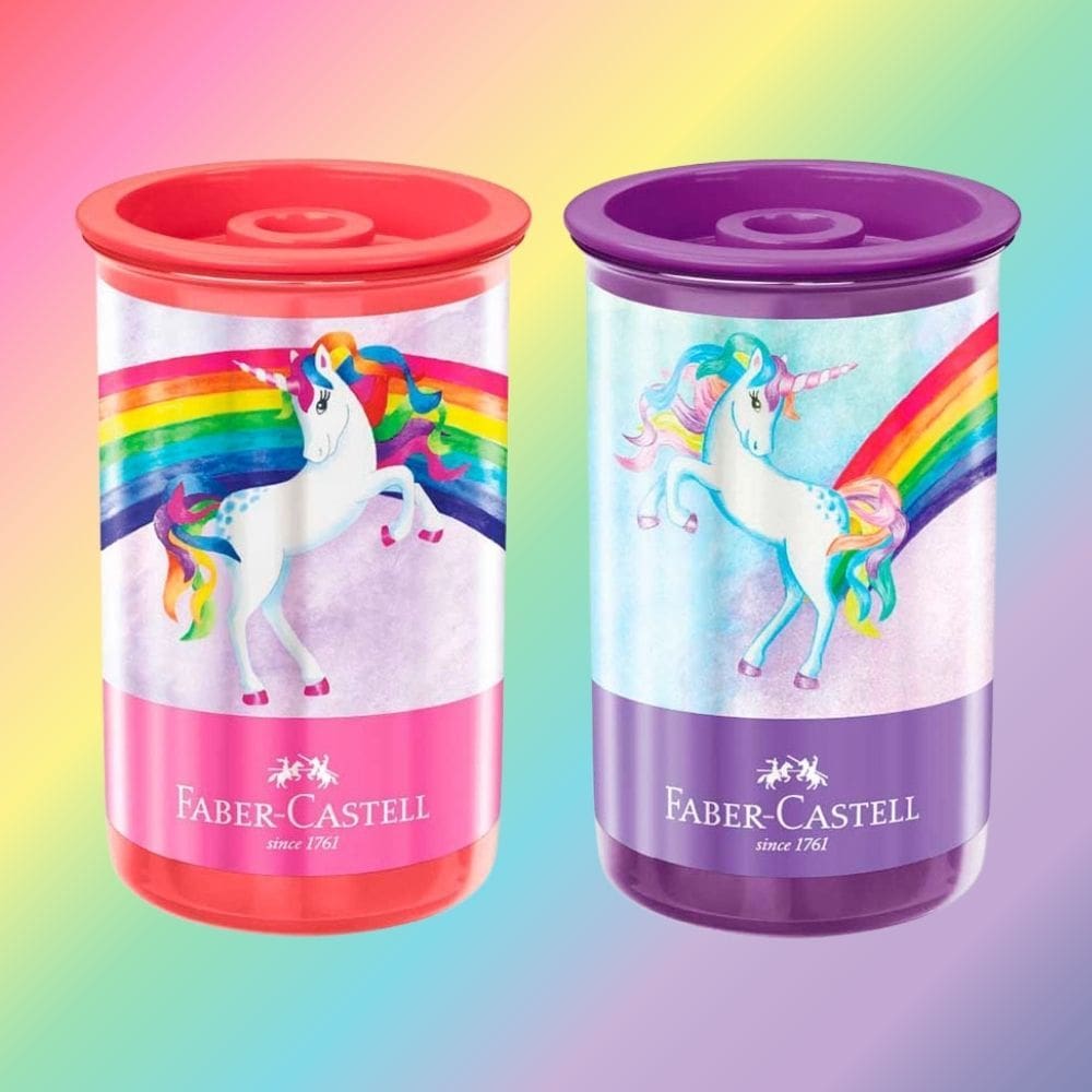 Kit 02 Apontador Escolar Decorado Redondo c/ Depósito Grande Colorido Unicórnio - Faber Castell?