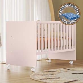 Berço Reto Doce Sonho com Rodizios Rosa Qmovi + Colchão Ortobom