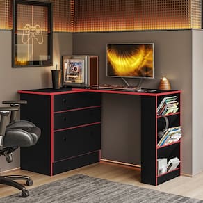 Cômoda com Mesa Giratória Gamer Preto Vermelho Qmovi