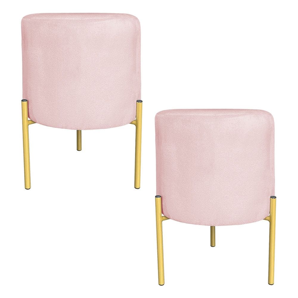 Kit 2 Puffs Decorativo Soren Suede Rosa Bebê Pés de Ferro Dourado - Pallazio