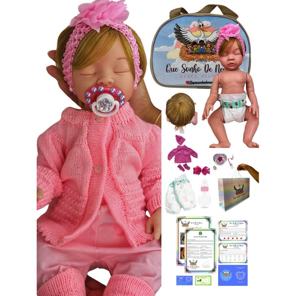 Bebê reborn boneca menina realista silicone olhos fechados loira + acessorios RS