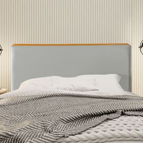 Cabeceira Cama Box King 1,93m Estofada Detalhe em Madeira Java Veludo Cinza Claro
