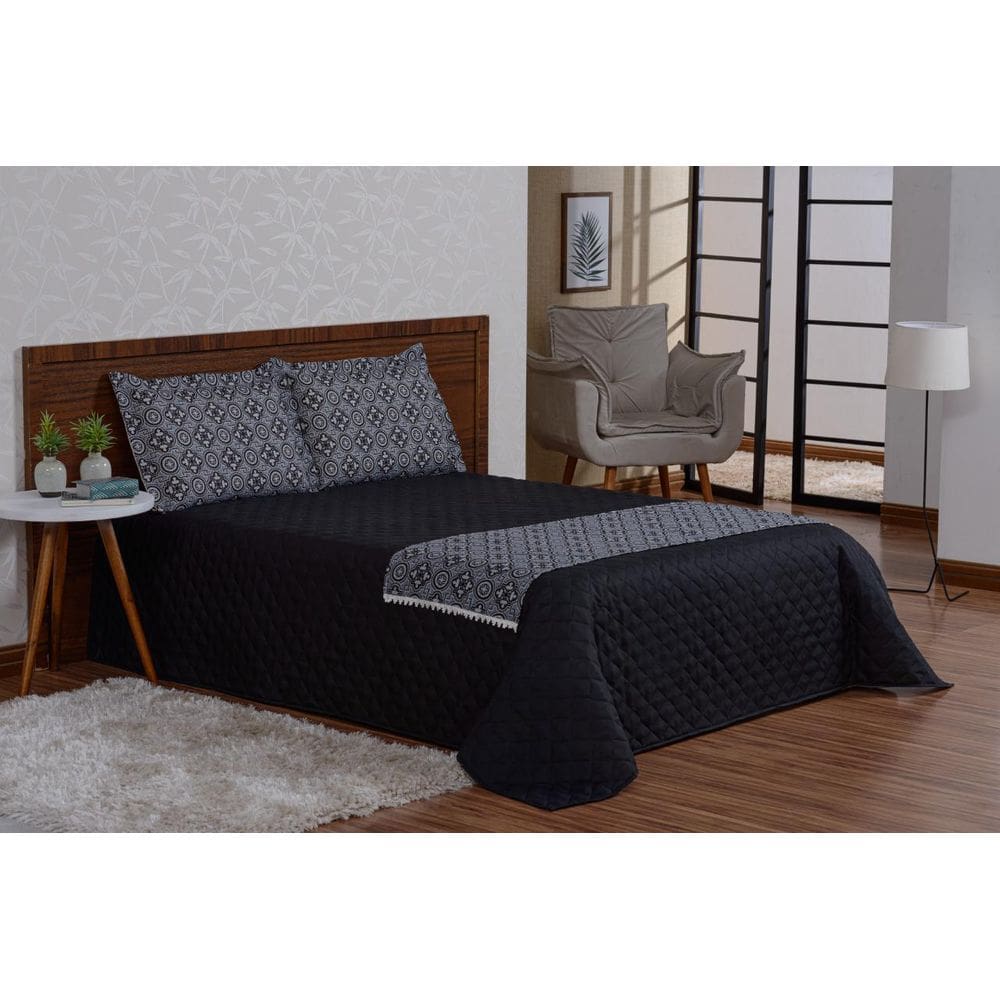 Jogo De Cama Com Lençol E Fronhas E Xale 5 Peças Preto Queen