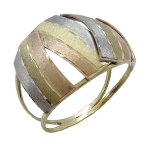 Anel Cocktail Ouro 18k Três Cores Fosco Placas Maxi Bombe