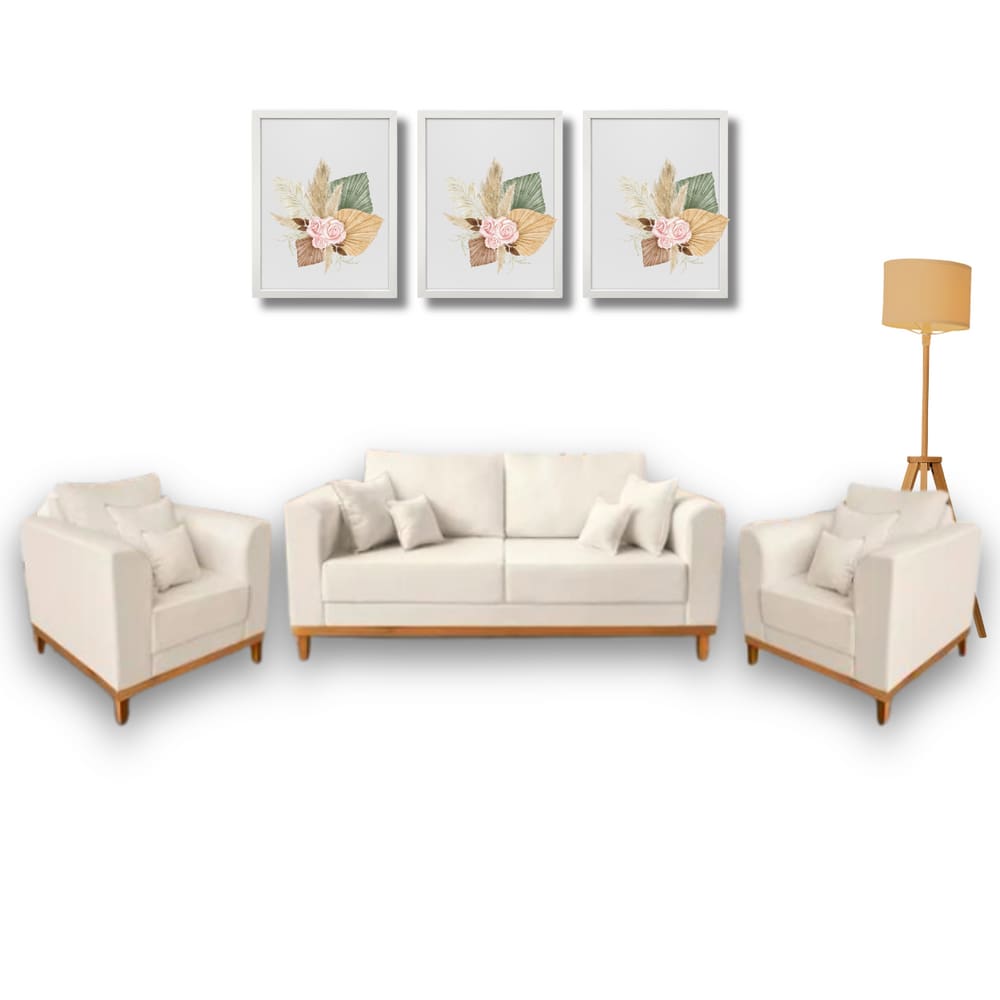 Conjunto de Sofá Beny 3 Peças, 1 Sofá 1,80m e 2 Poltronas, Tecido Linho.