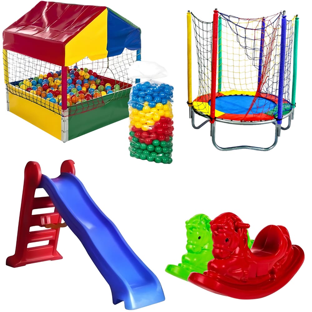 Kit Cama Elástica 1,40m Piscina de Bolinhas 1,00m c/ 500 Bolinhas Escorregador Grande 2 Gangorra 1 Lugar