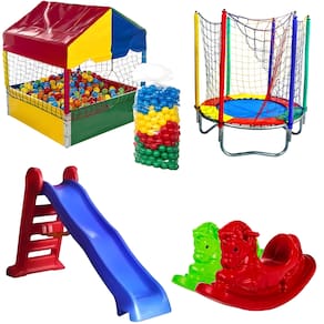 Kit Cama Elástica 1,40m Piscina de Bolinhas 1,00m c/ 500 Bolinhas Escorregador Grande 2 Gangorra 1 Lugar