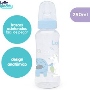 Mamadeira Zoo Azul Lolly Kinddy Bico Silicone Redondo 250ml
