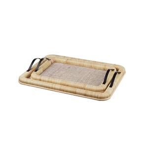 Conjunto 2 Bandejas Decorativas em Fibra Natural Rattan e Alça de Metal NP0051 BTC