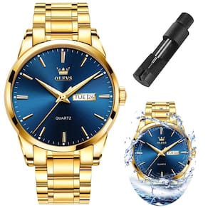 Relógio OLEVS Gold Blue em aço inoxidável resistente à água para homens