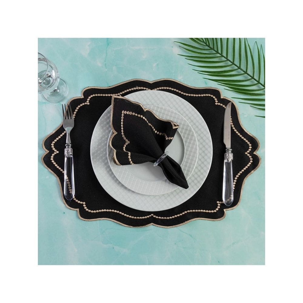 Jogo Americano Realeza 8 Peças Para Mesa De 4 Lugares Preto Bordado Dourado