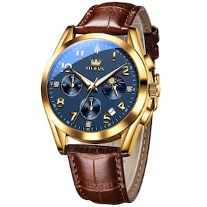 Relógio OLEVS Brown Leather para homens com rosto grande azul