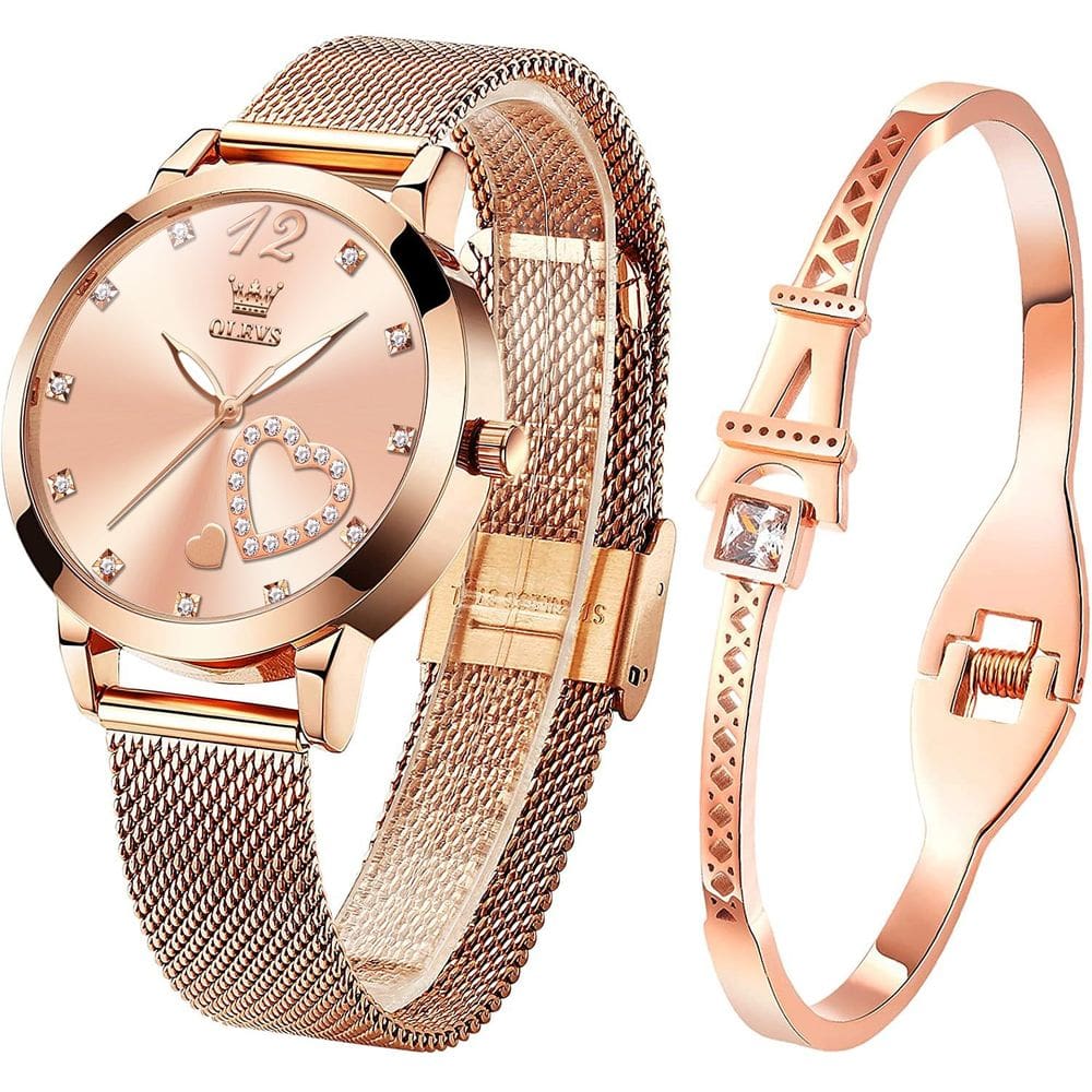 Conjunto de relógios OLEVS feminino em ouro rosa minimalista à prova d`água