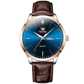 Relógio OLEVS: couro marrom, mostrador azul, 43 mm para homens
