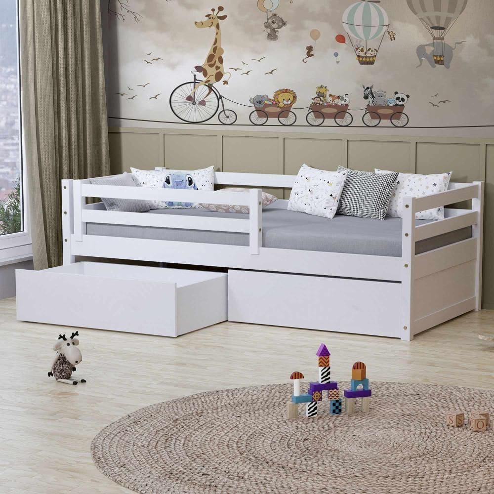 Cama Solteiro Dreams com 02 Gavetas e Grade de Proteção Madeira Maciça Branco Megamobilia