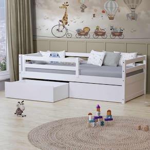 Cama Solteiro Dreams com 02 Gavetas e Grade de Proteção Madeira Maciça Branco Megamobilia