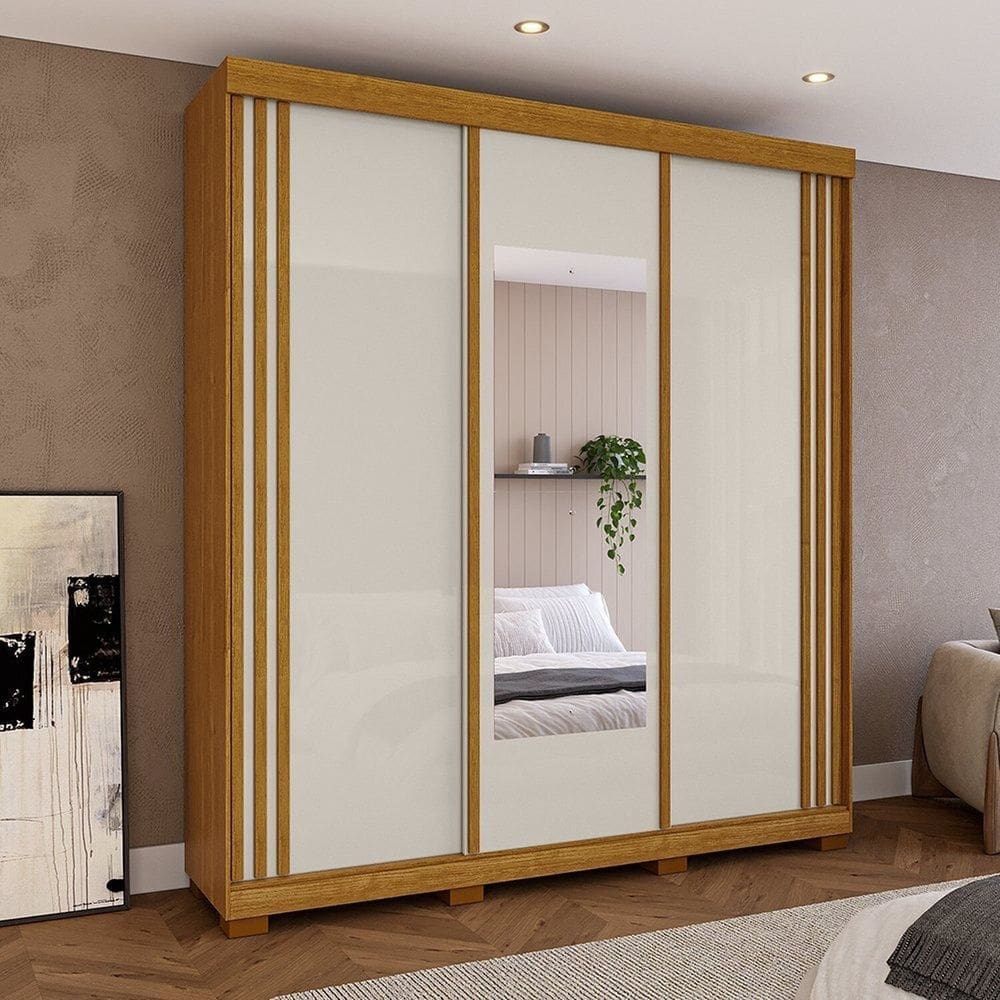 Guarda-roupa Casal 220cm 3 Portas com Espelho 100% Mdf Kamala Espresso Móveis Cinamomo/Off White